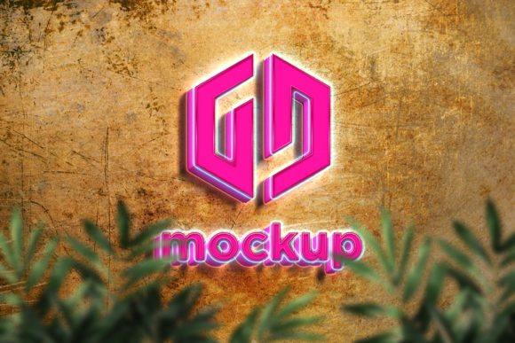 Download Neon Logo Mockup Behind the Green Leaves - Neon logo Collection